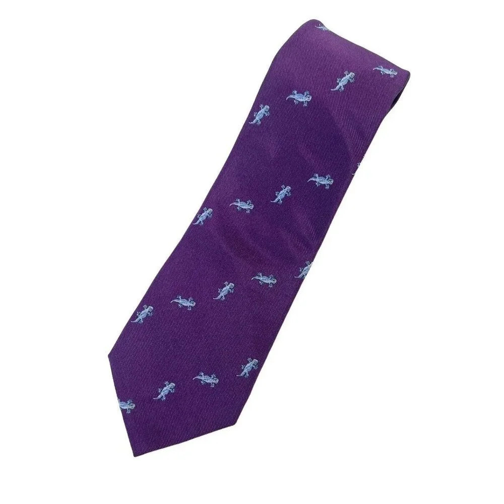 LINCS DAVID CHU Tie Purple Blue Gecko Print 100% Silk Mens Necktie Made in Italy